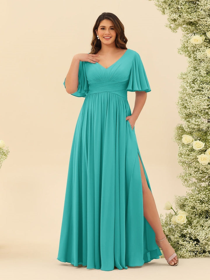 A-Line V-Neck Half Sleeves Plus Size Chiffon Bridesmaid Dresses With Split Side