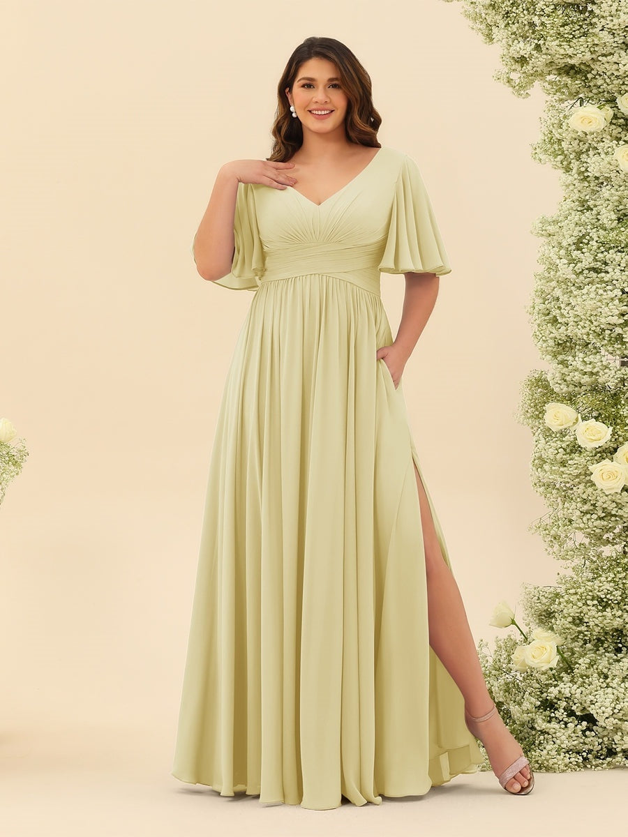 A-Line V-Neck Half Sleeves Plus Size Chiffon Bridesmaid Dresses With Split Side Yellow A-Line V-Neck Half Sleeves Plus Size Chiffon Bridesmaid Dresses With Split Side Yellow