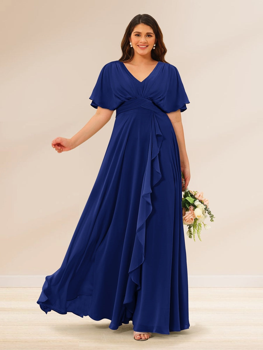 A-Line/Princess V-Neck Short Sleeves Plus Size Bridesmaid Dresses with - Mondressy A-Line/Princess V-Neck Short Sleeves Plus Size Bridesmaid Dresses with - Mondressy