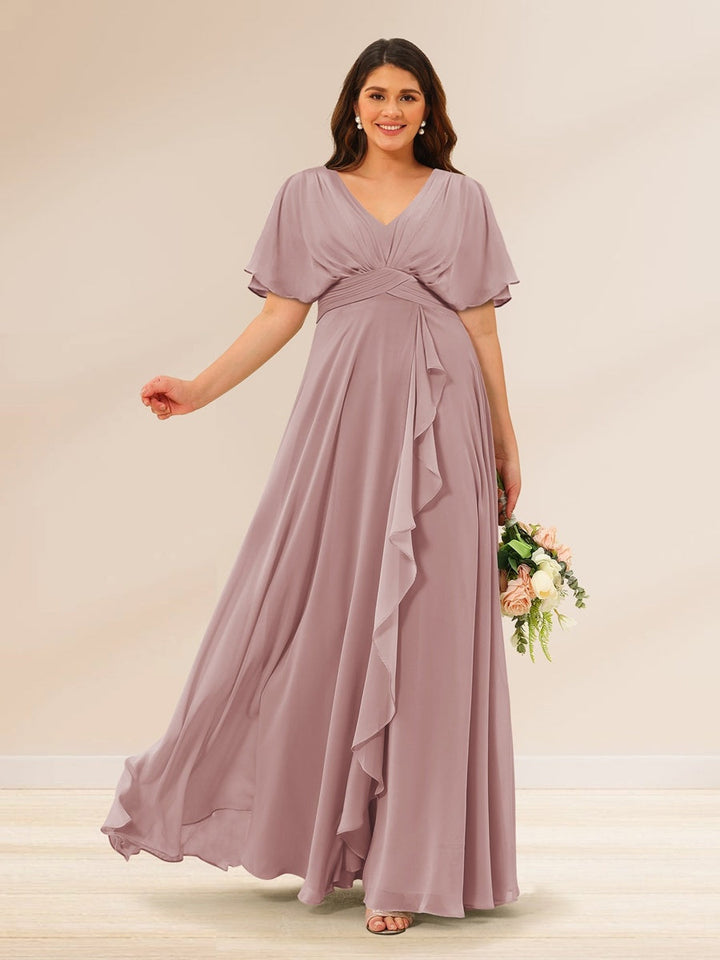 A-Line/Princess V-Neck Short Sleeves Plus Size Bridesmaid Dresses with Pockets