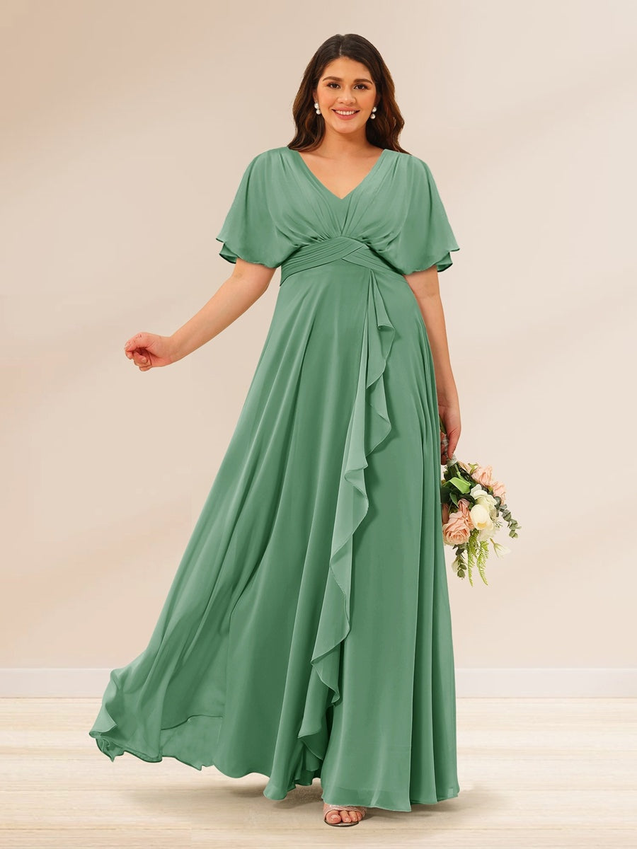 A-Line/Princess V-Neck Short Sleeves Plus Size Bridesmaid Dresses with - Mondressy A-Line/Princess V-Neck Short Sleeves Plus Size Bridesmaid Dresses with - Mondressy