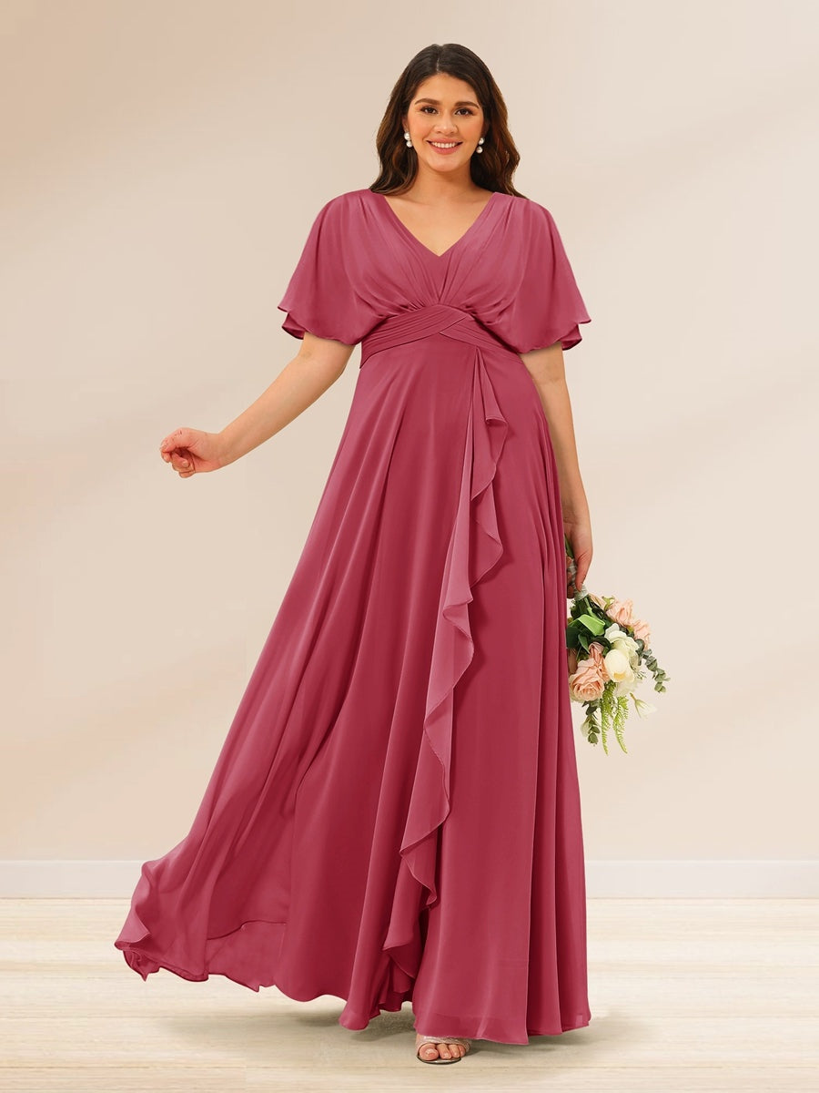A-Line/Princess V-Neck Short Sleeves Plus Size Bridesmaid Dresses with Pockets Fuchsia Pink