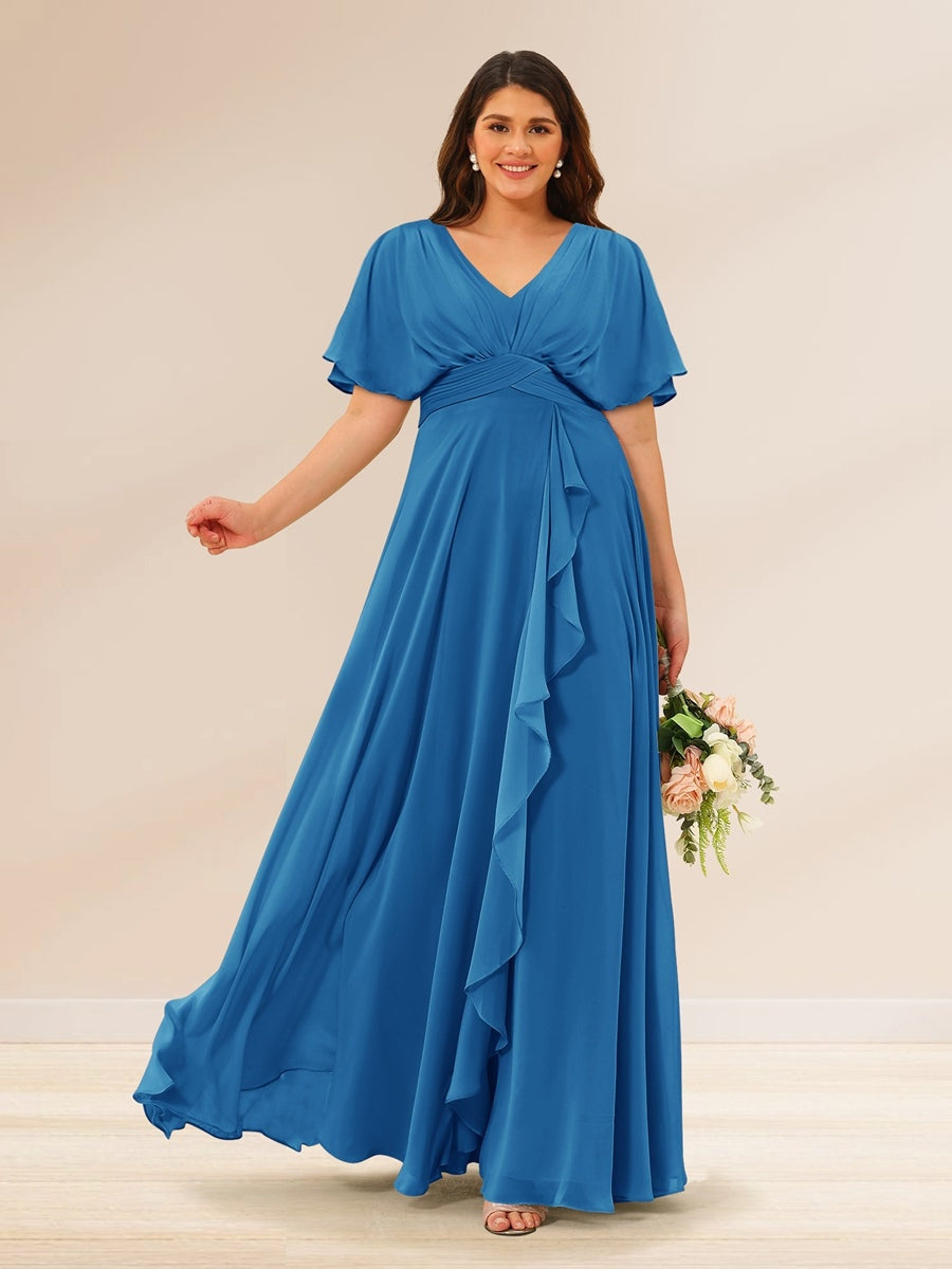 A-Line/Princess V-Neck Short Sleeves Plus Size Bridesmaid Dresses with - Mondressy A-Line/Princess V-Neck Short Sleeves Plus Size Bridesmaid Dresses with - Mondressy