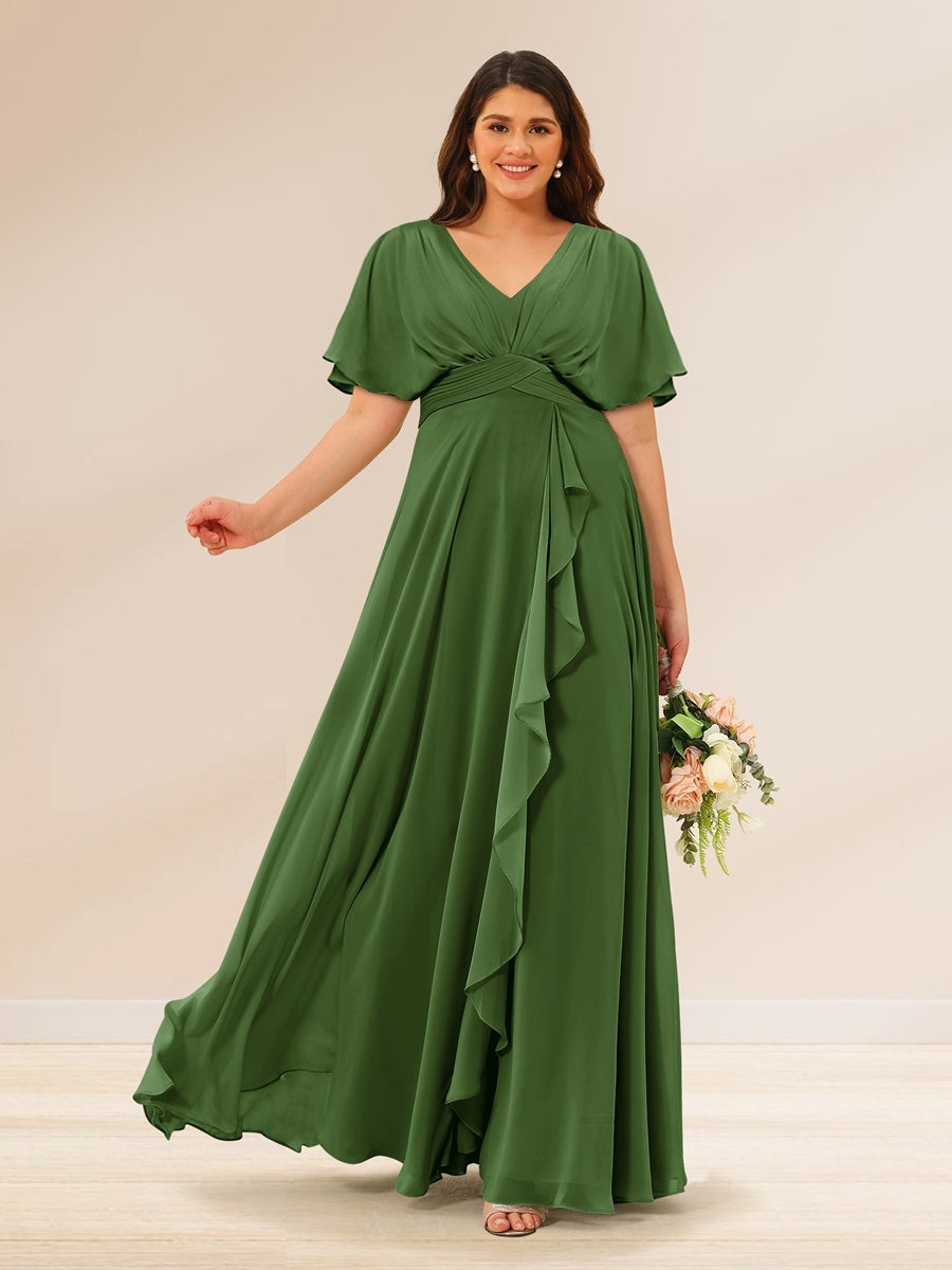 A-Line/Princess V-Neck Short Sleeves Plus Size Bridesmaid Dresses with - Mondressy A-Line/Princess V-Neck Short Sleeves Plus Size Bridesmaid Dresses with - Mondressy