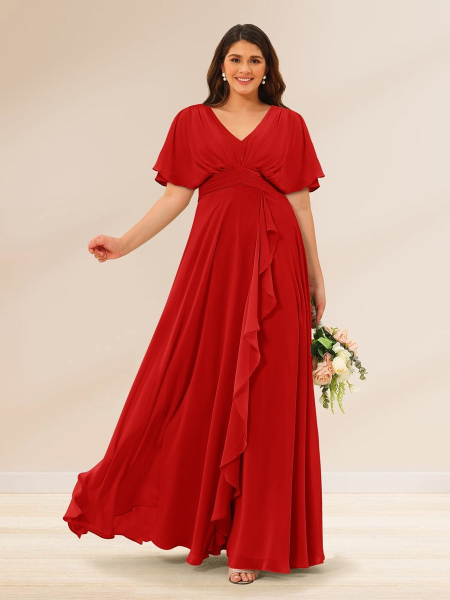 A-Line/Princess V-Neck Short Sleeves Plus Size Bridesmaid Dresses with Pockets