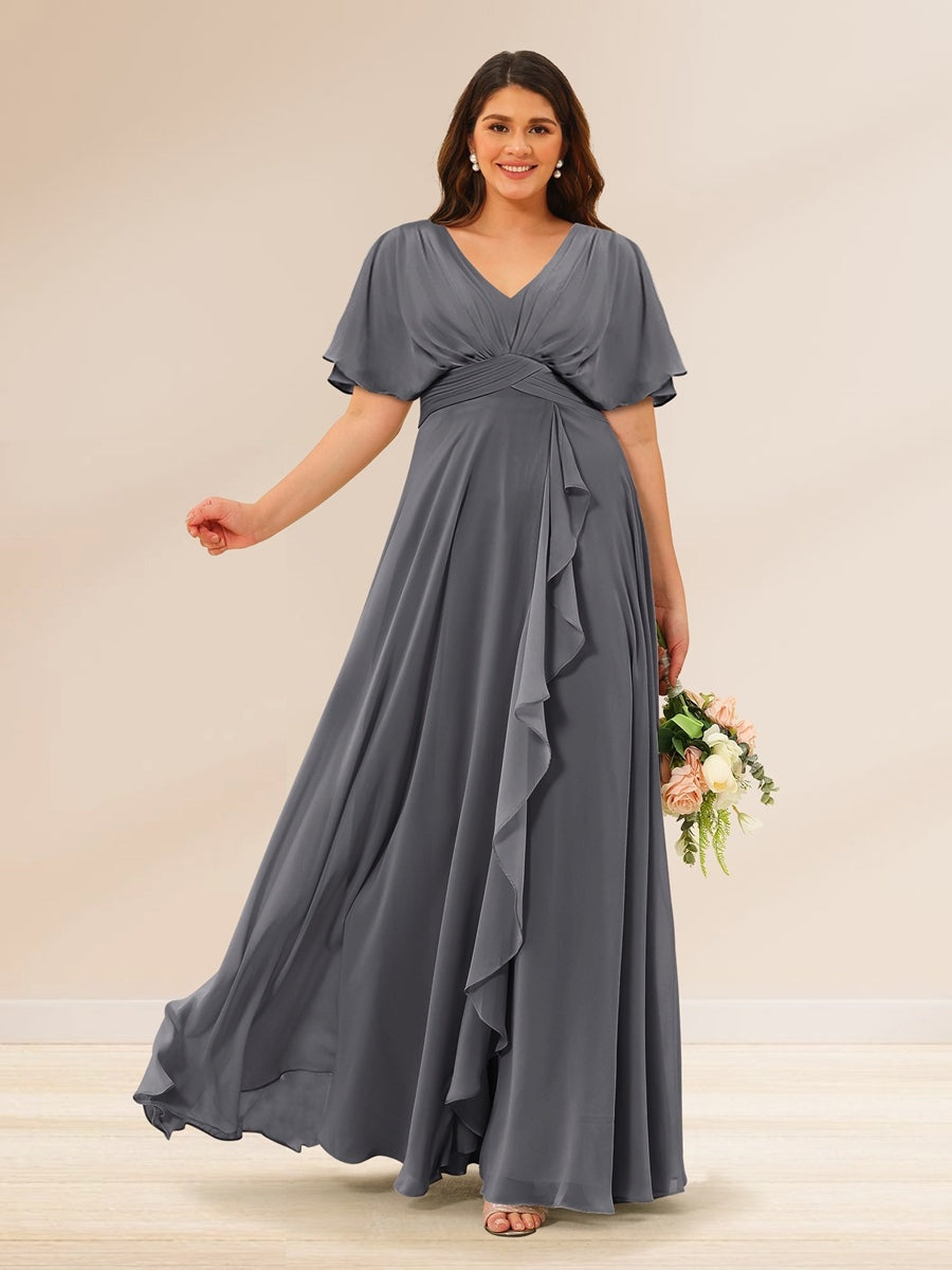 A-Line/Princess V-Neck Short Sleeves Plus Size Bridesmaid Dresses with - Mondressy A-Line/Princess V-Neck Short Sleeves Plus Size Bridesmaid Dresses with - Mondressy