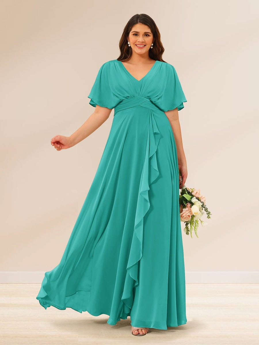 A-Line/Princess V-Neck Short Sleeves Plus Size Bridesmaid Dresses with Pockets Turquoise