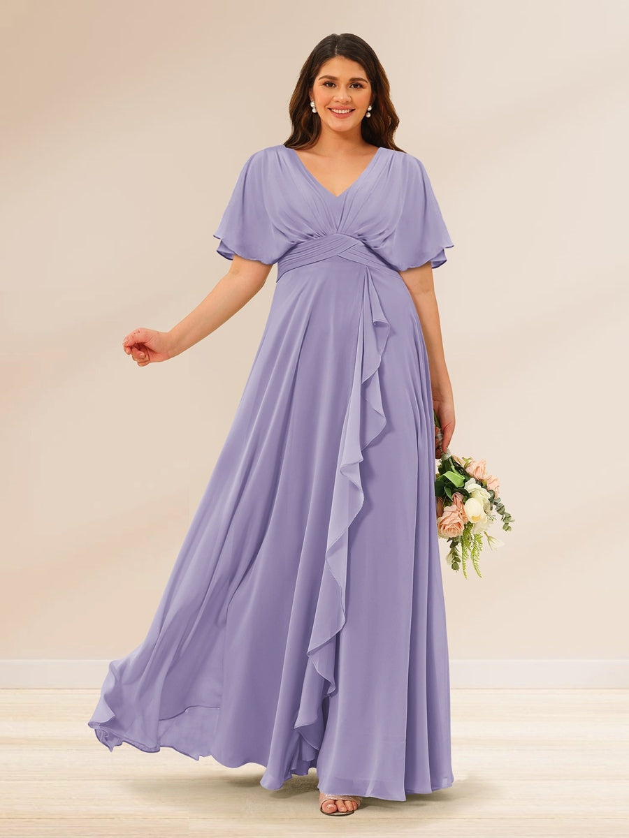 A-Line/Princess V-Neck Short Sleeves Plus Size Bridesmaid Dresses with Pockets