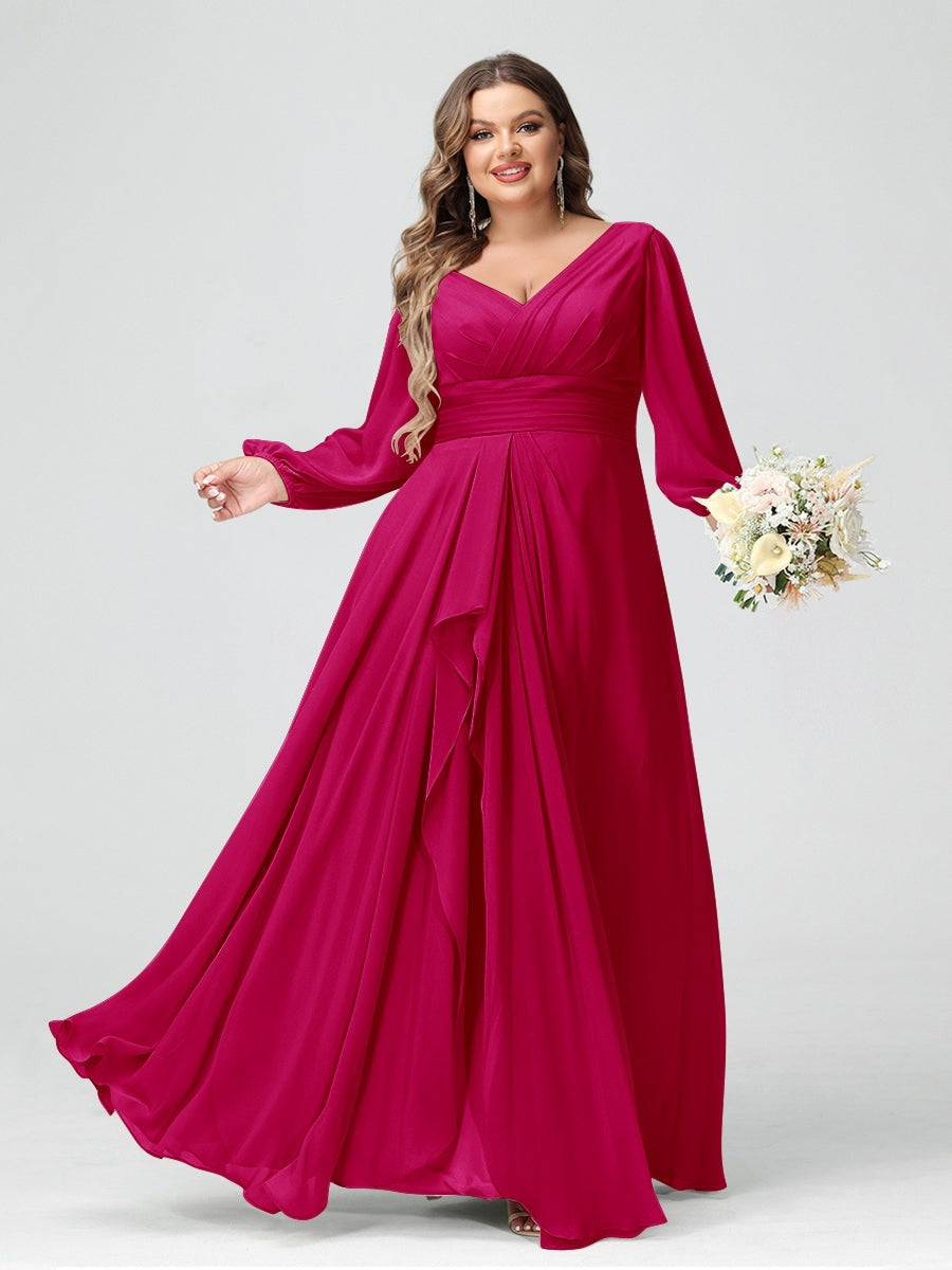 A-Line/Princess V-Neck Long Sleeeves Chiffon Ruffles Plus Size Bridesmaid Dresses with Pockets