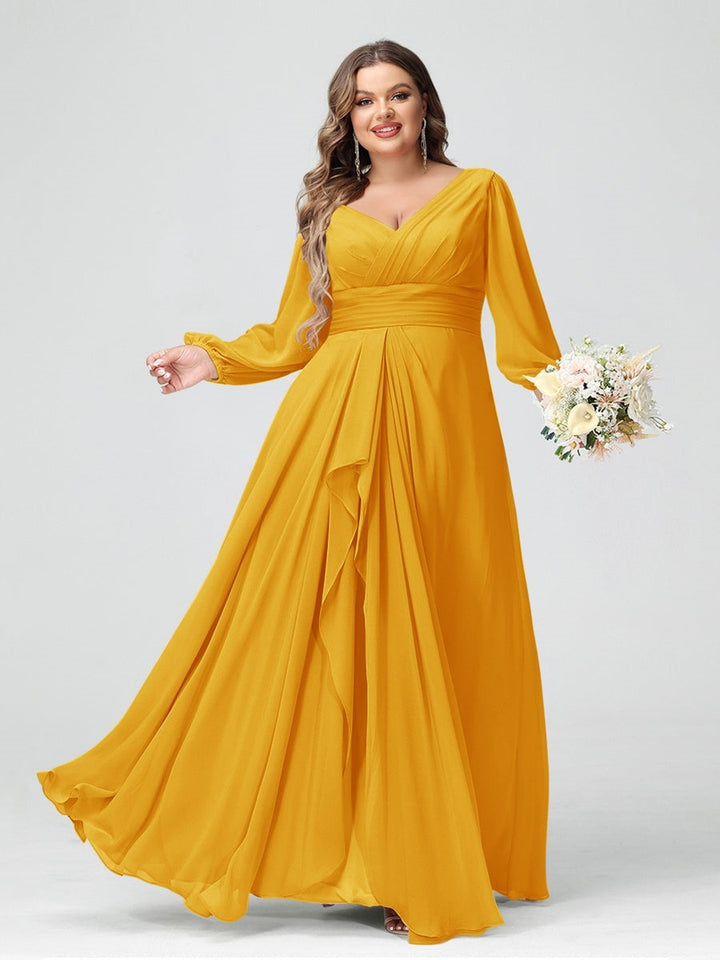 A-Line/Princess V-Neck Long Sleeeves Chiffon Ruffles Plus Size Bridesmaid Dresses with Pockets