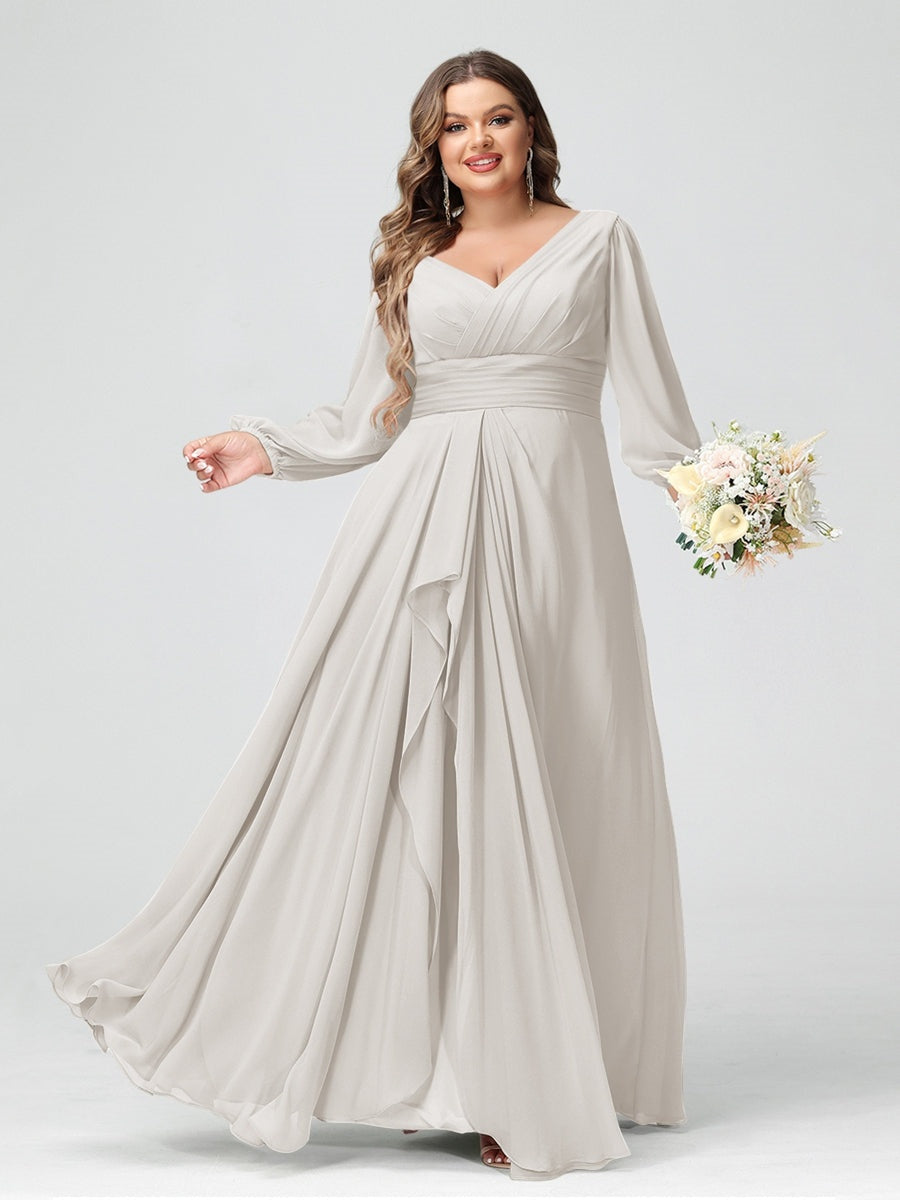 A-Line/Princess V-Neck Long Sleeeves Chiffon Ruffles Plus Size Bridesmaid Dresses with Pockets