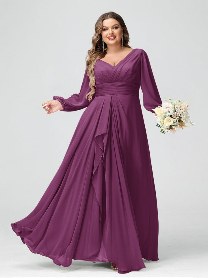 A-Line/Princess V-Neck Long Sleeeves Chiffon Ruffles Plus Size Bridesmaid Dresses with Pockets