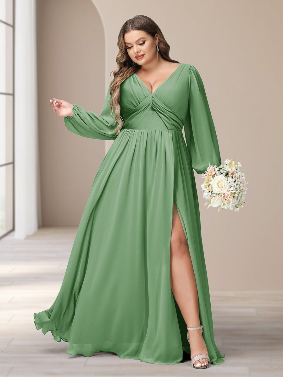 A-Line/Princess V-Neck Long Sleeves Chiffon Long Plus Size Bridesmaid Dresses With Split Side