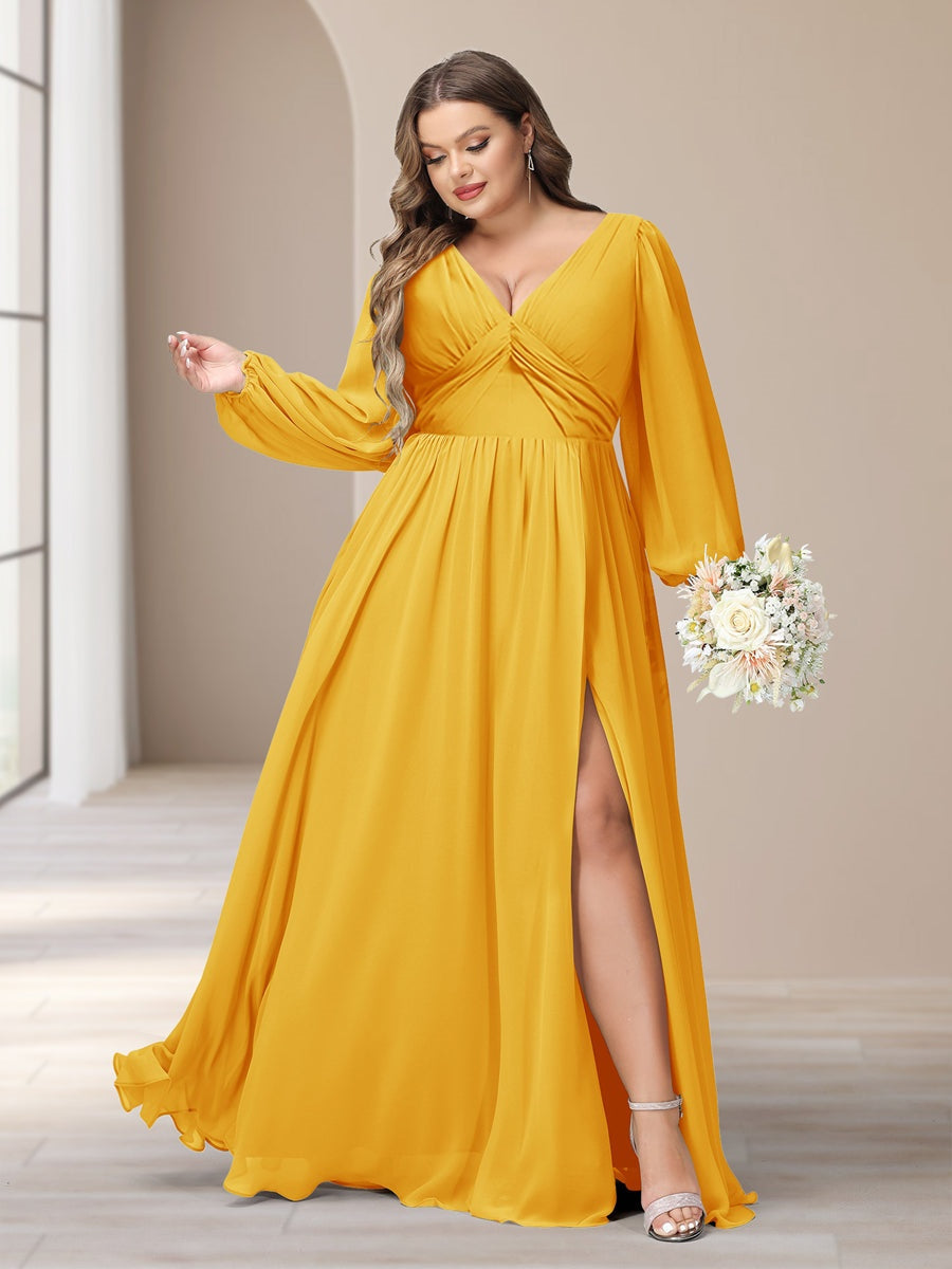 A-Line/Princess V-Neck Long Sleeves Chiffon Long Plus Size Bridesmaid Dresses With Split Side