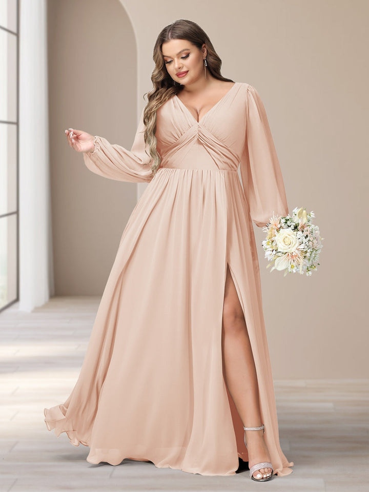 A-Line/Princess V-Neck Long Sleeves Chiffon Long Plus Size Bridesmaid Dresses With Split Side