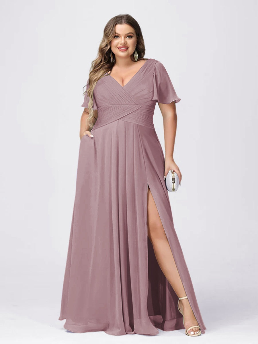Lilac Bridesmaid Dresses Plus Size Women's A Line V-Neck Short Sleeves Formal Wedding Guest Gowns with Split Side, Lilac Lilac Bridesmaid Dresses Plus Size Women's A Line V-Neck Short Sleeves Formal Wedding Guest Gowns with Split Side, Lilac