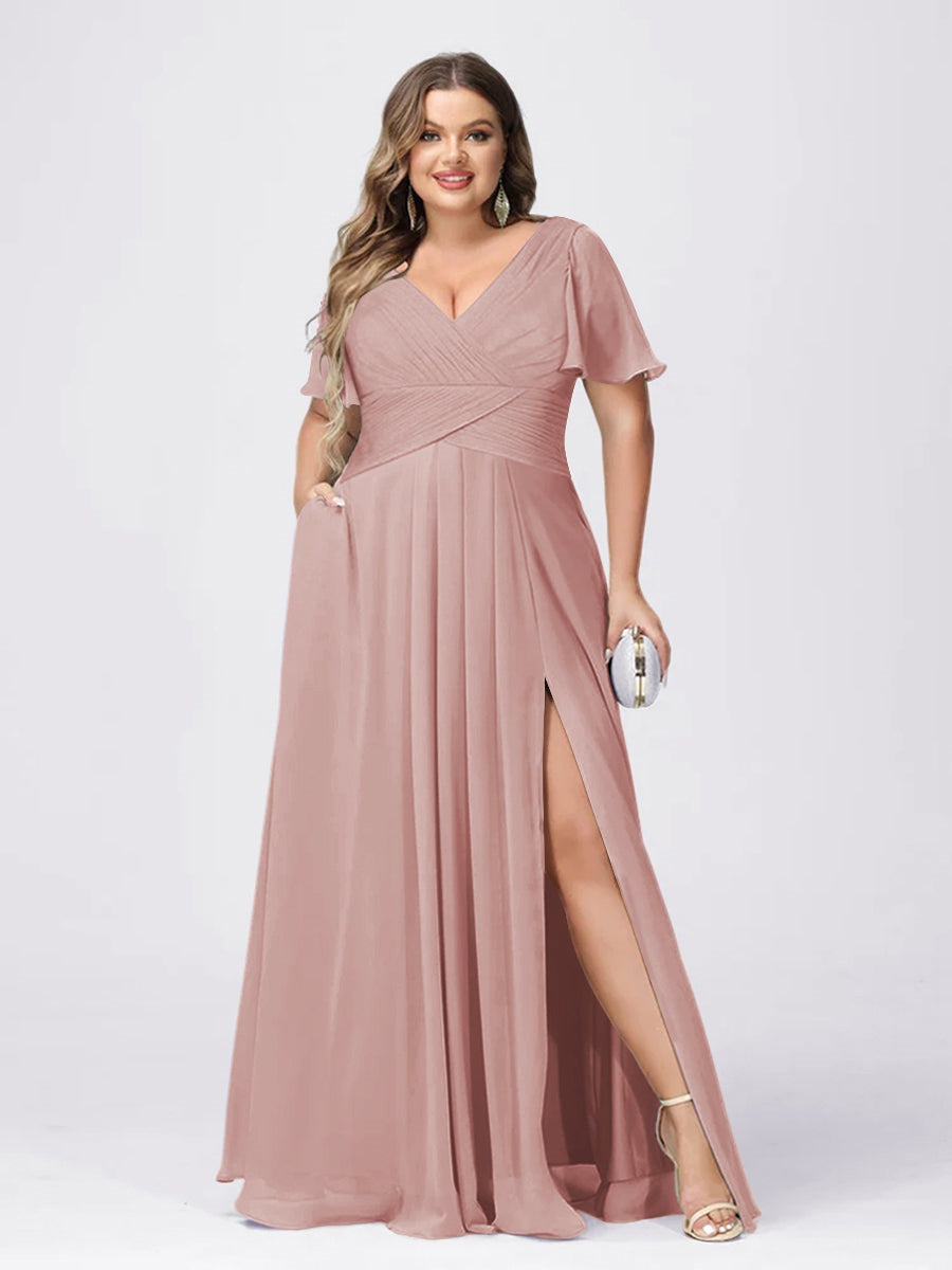 Lilac Bridesmaid Dresses Plus Size Women's A Line V-Neck Short Sleeves Formal Wedding Guest Gowns with Split Side, Lilac Lilac Bridesmaid Dresses Plus Size Women's A Line V-Neck Short Sleeves Formal Wedding Guest Gowns with Split Side, Lilac