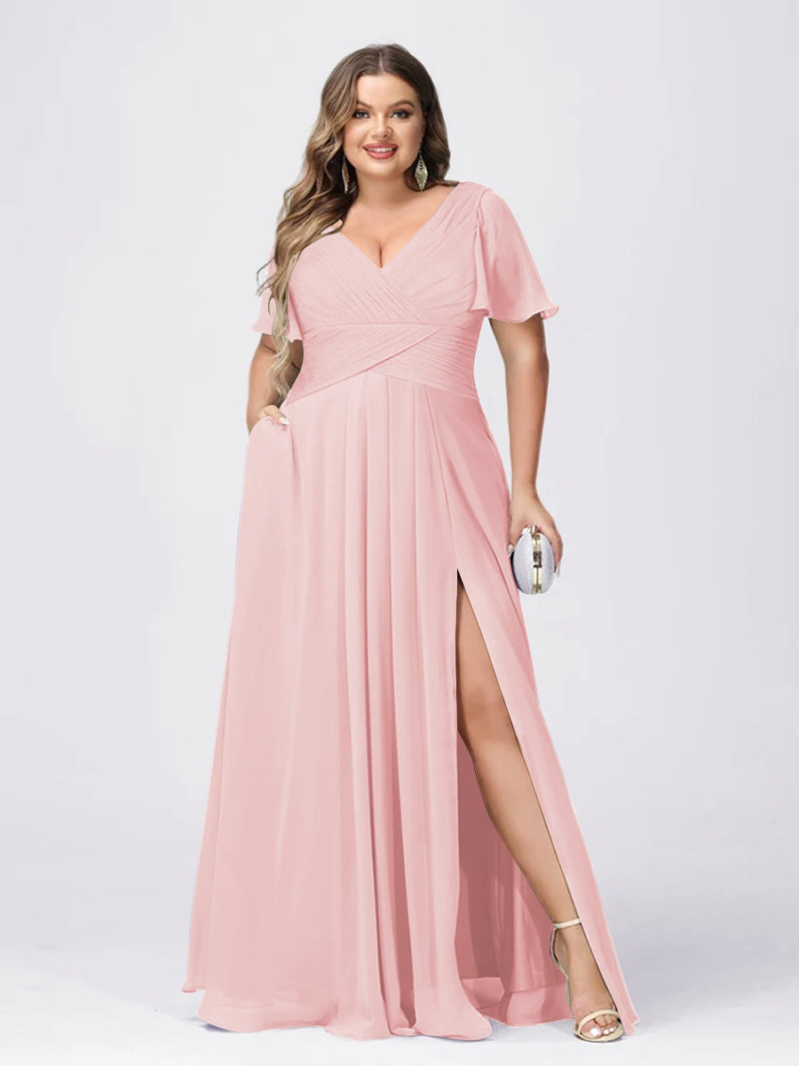 Lilac Bridesmaid Dresses Plus Size Women's A Line V-Neck Short Sleeves Formal Wedding Guest Gowns with Split Side, Lilac Lilac Bridesmaid Dresses Plus Size Women's A Line V-Neck Short Sleeves Formal Wedding Guest Gowns with Split Side, Lilac