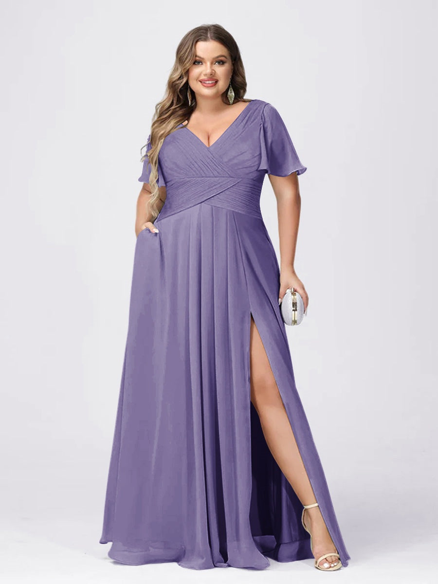 Lilac Bridesmaid Dresses Plus Size Women's A Line V-Neck Short Sleeves Formal Wedding Guest Gowns with Split Side, Lilac Lilac Bridesmaid Dresses Plus Size Women's A Line V-Neck Short Sleeves Formal Wedding Guest Gowns with Split Side, Lilac