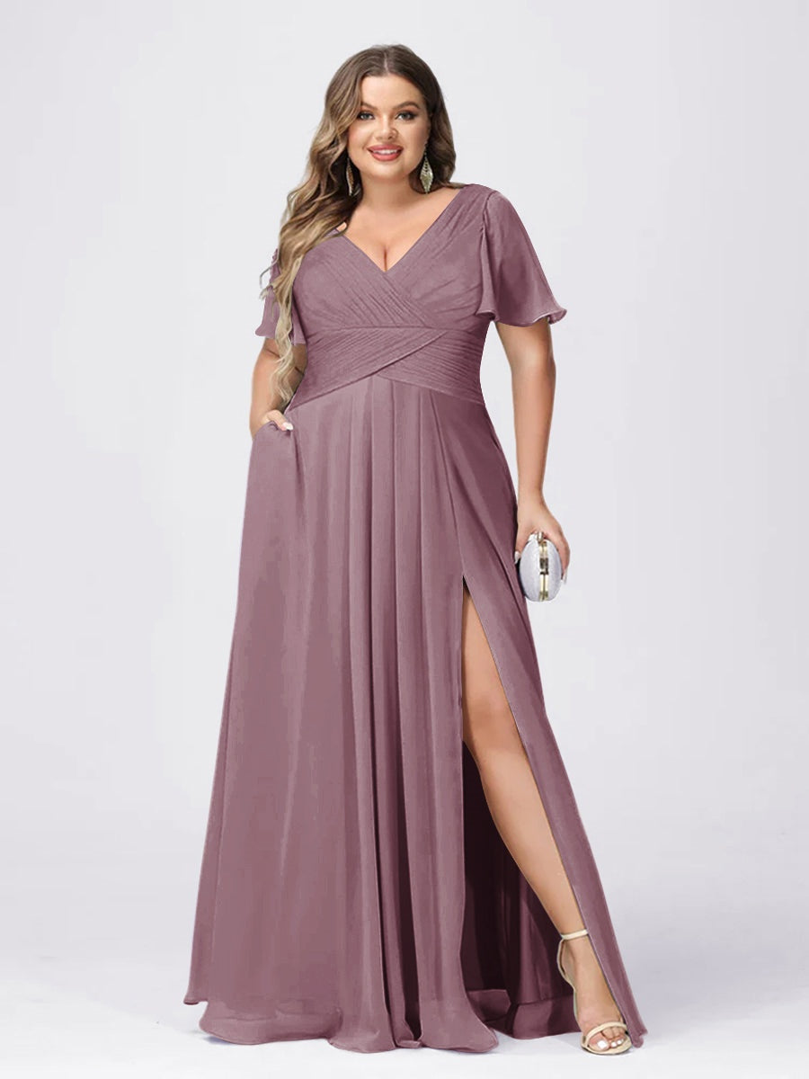 A Line/Princess V-Neck Short Sleeves Plus Size Bridesmaid Dresses with Split Side Mauve