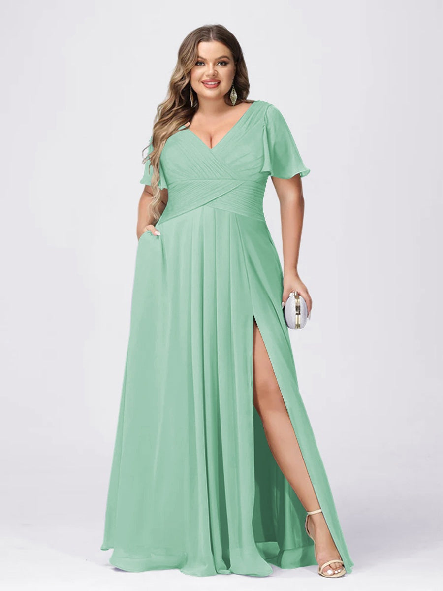 mint plus size bridesmaid dresses A-Line V-Neck Half Sleeves Plus Size Chiffon Bridesmaid Dresses With Split Side Mint Green