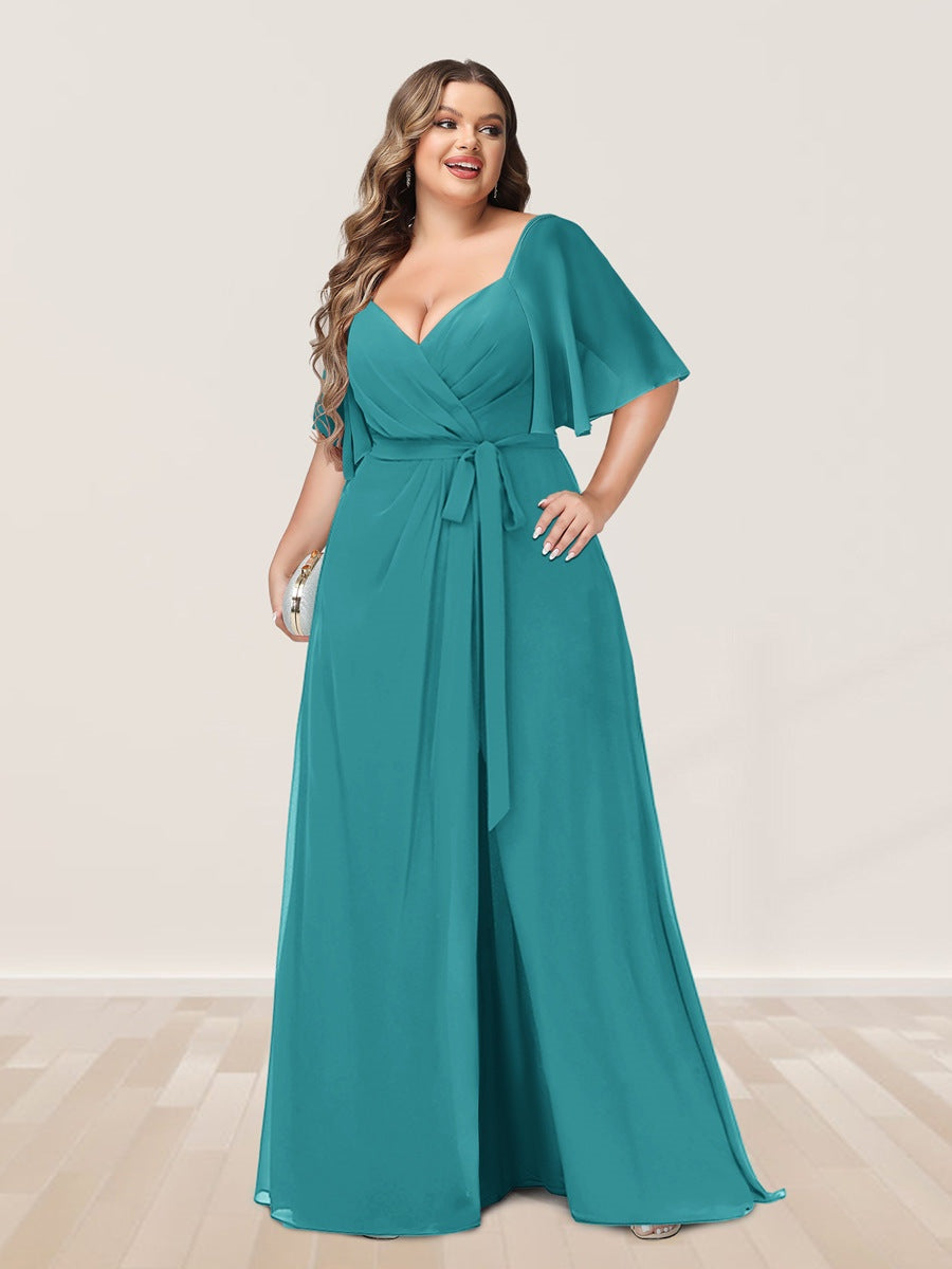 A-Line/Princess V-Neck Half Sleeves Plus Size Bridesmaid Dresses with Split Side