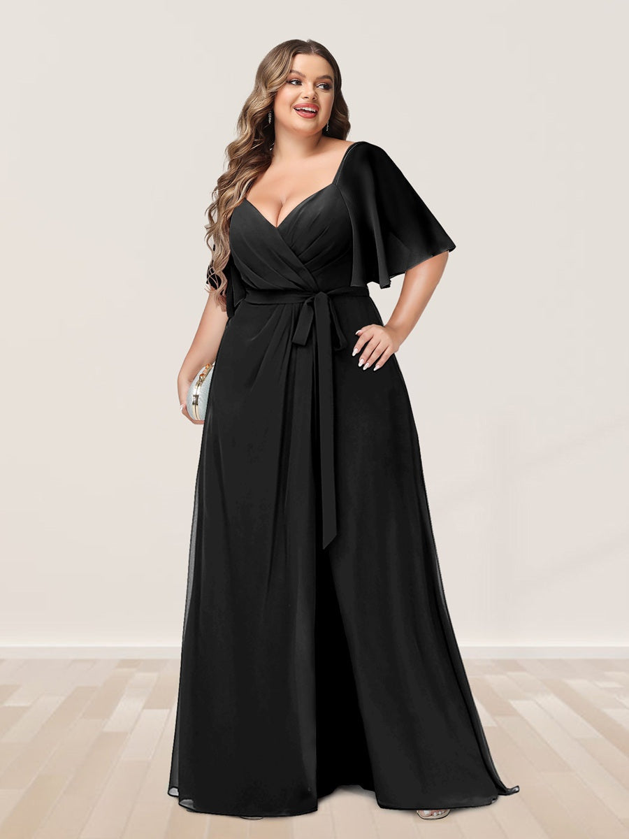 A-Line/Princess V-Neck Half Sleeves Plus Size Bridesmaid Dresses with Split Side