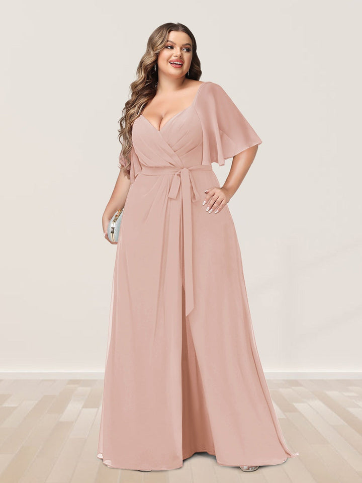 A-Line/Princess V-Neck Half Sleeves Plus Size Bridesmaid Dresses with Split Side