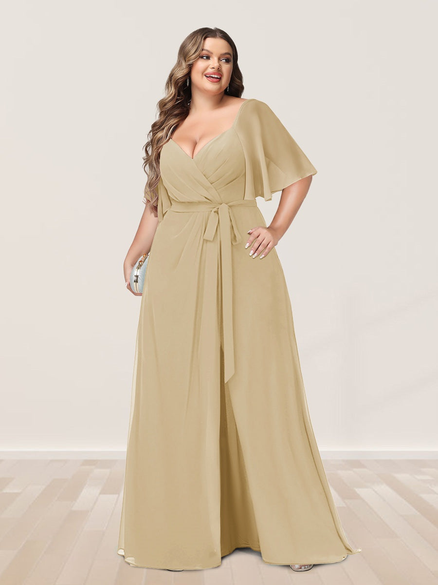 A-Line/Princess V-Neck Half Sleeves Plus Size Bridesmaid Dresses with Split Side