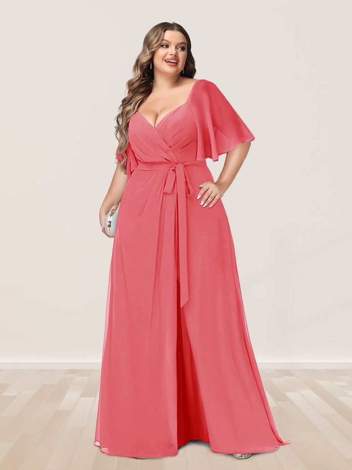 A-Line/Princess V-Neck Half Sleeves Plus Size Bridesmaid Dresses with Split Side