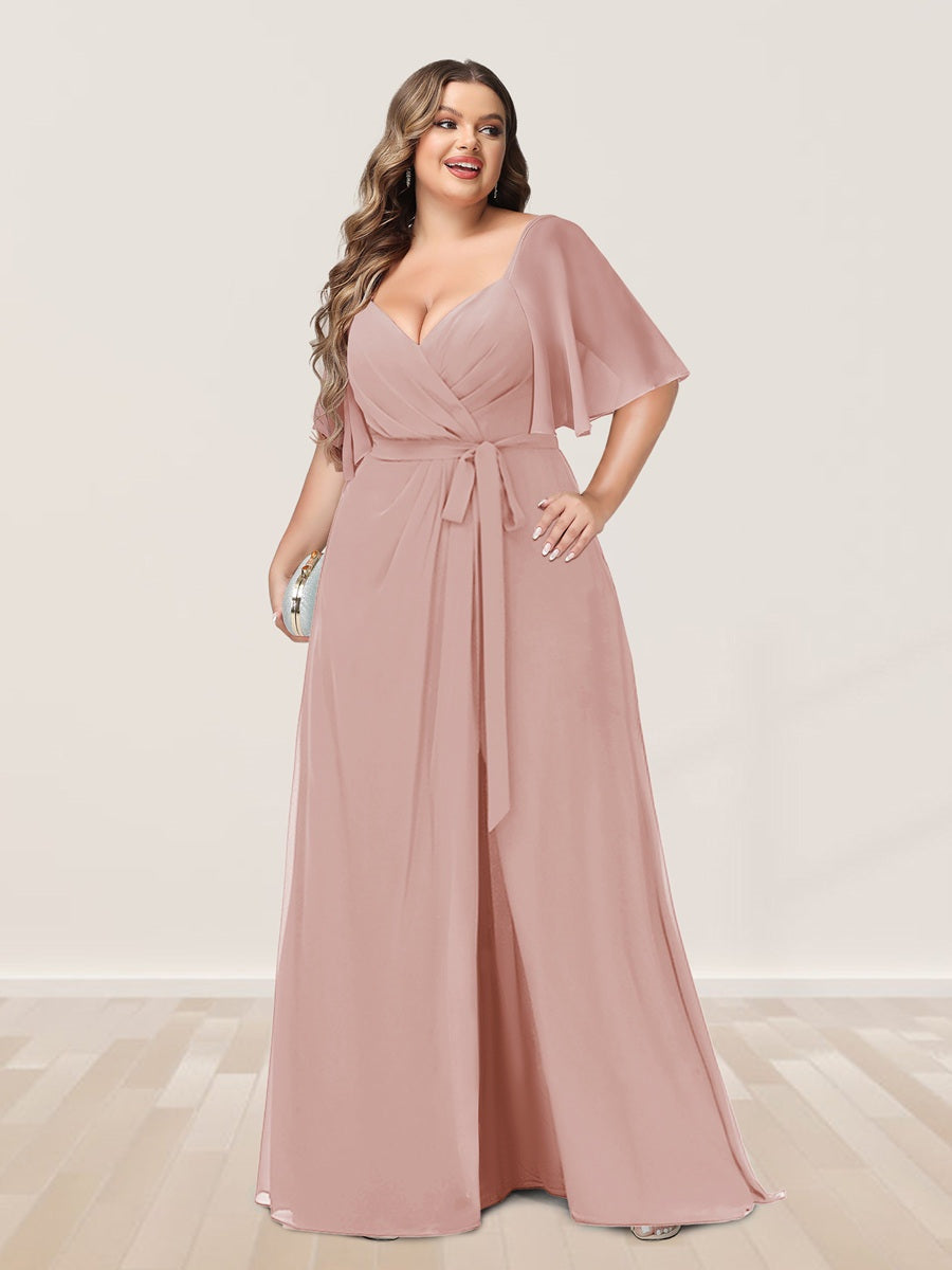 A-Line/Princess V-Neck Half Sleeves Plus Size Bridesmaid Dresses with Split Side