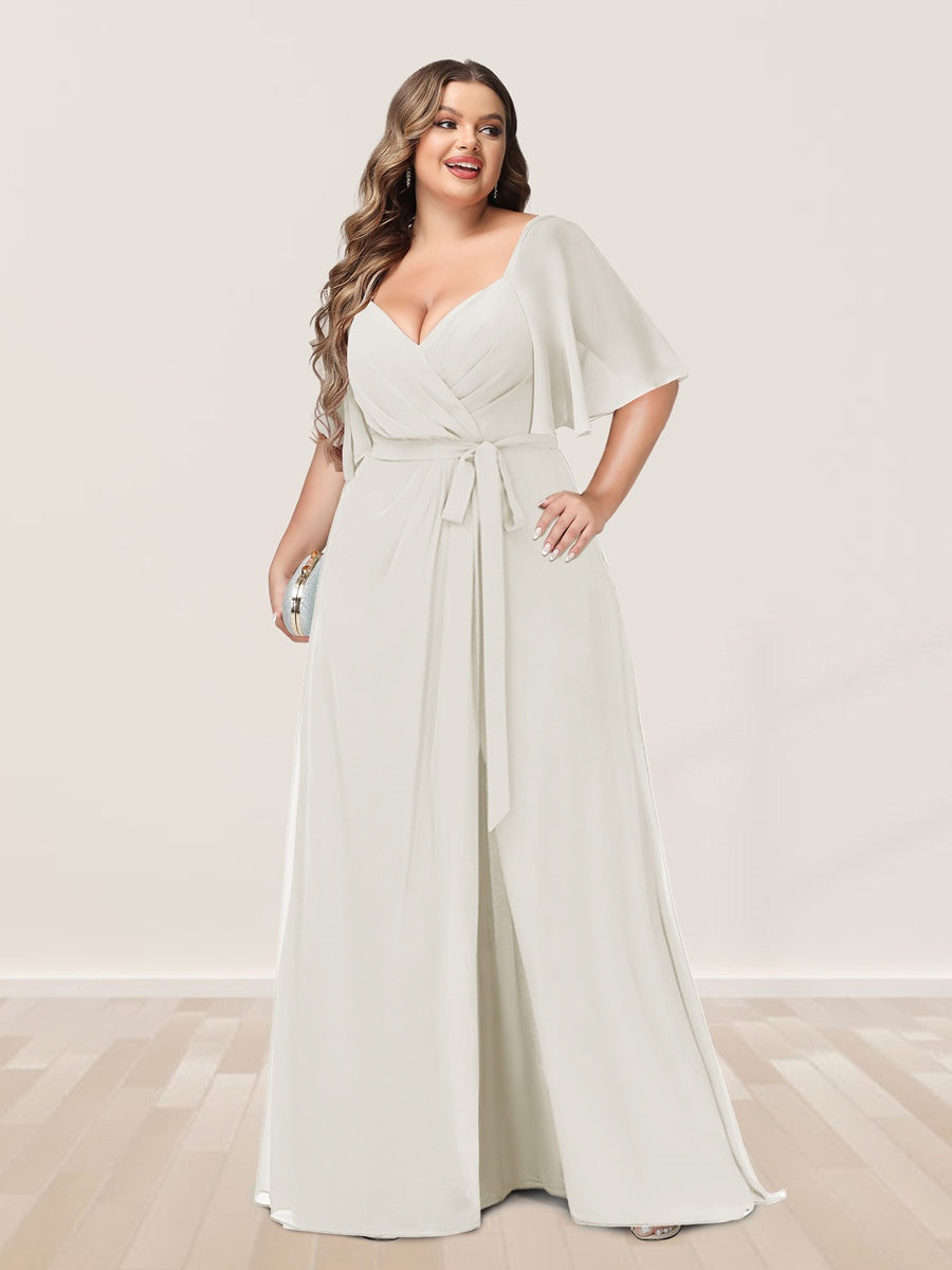 A-Line/Princess V-Neck Half Sleeves Plus Size Bridesmaid Dresses with Split Side