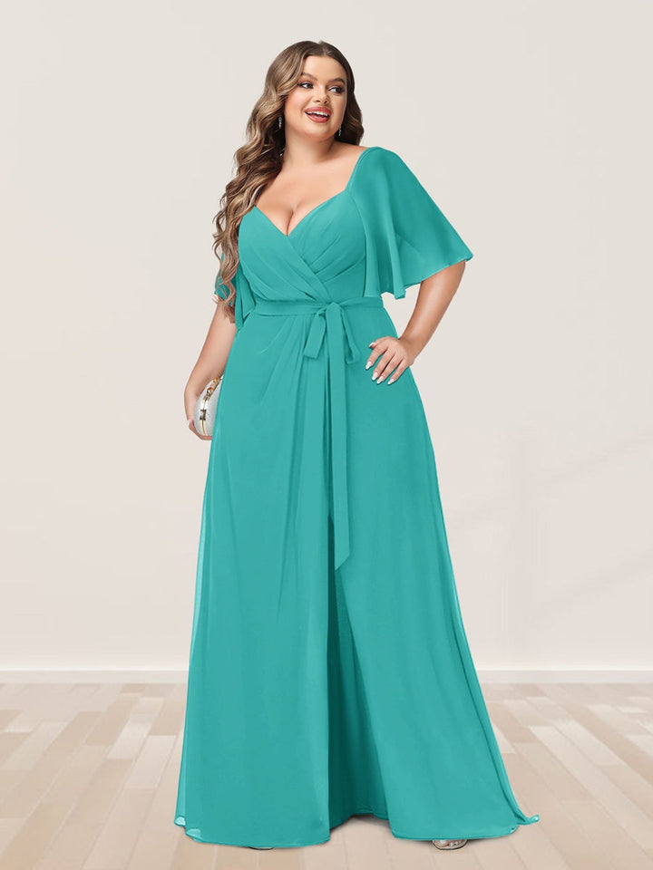 A-Line/Princess V-Neck Half Sleeves Plus Size Bridesmaid Dresses with Split Side