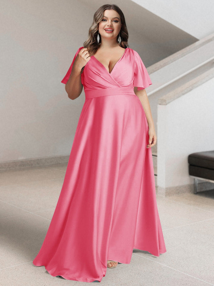 A-Line/Princess V-Neck Short Sleeves Silk Satin Plus Size Bridesmaid Dresses with Pockets