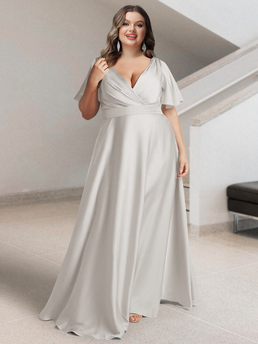 A-Line/Princess V-Neck Short Sleeves Silk Satin Plus Size Bridesmaid Dresses with Pockets