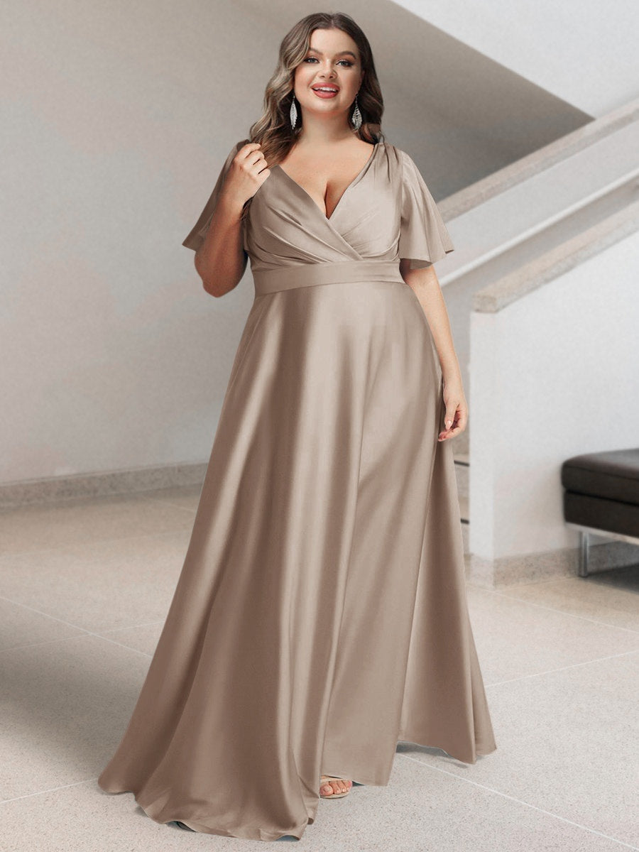 A-Line/Princess V-Neck Short Sleeves Silk Satin Plus Size Bridesmaid Dresses with Pockets