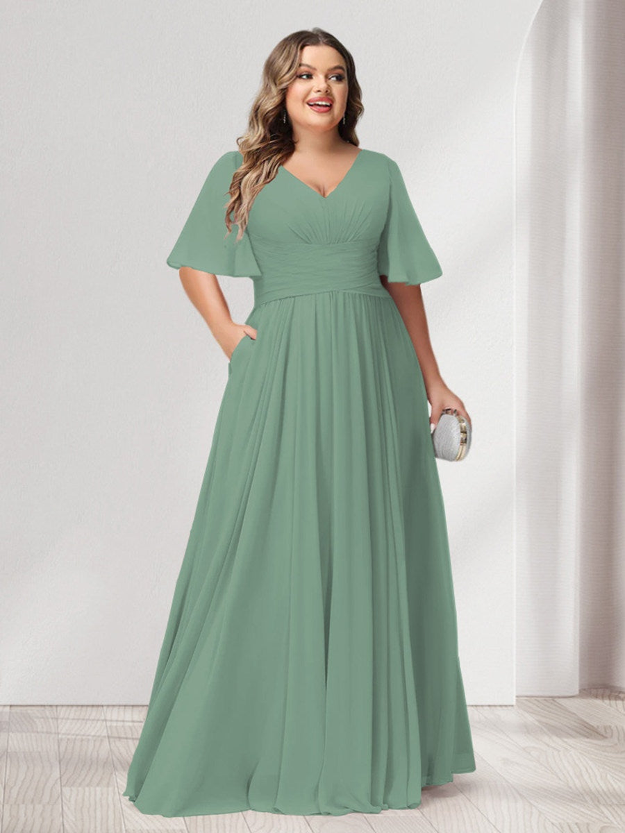 A-Line/Princess V-Neck Half Sleeves Chiffon Plus Size Bridesmaid Dresses with Pockets