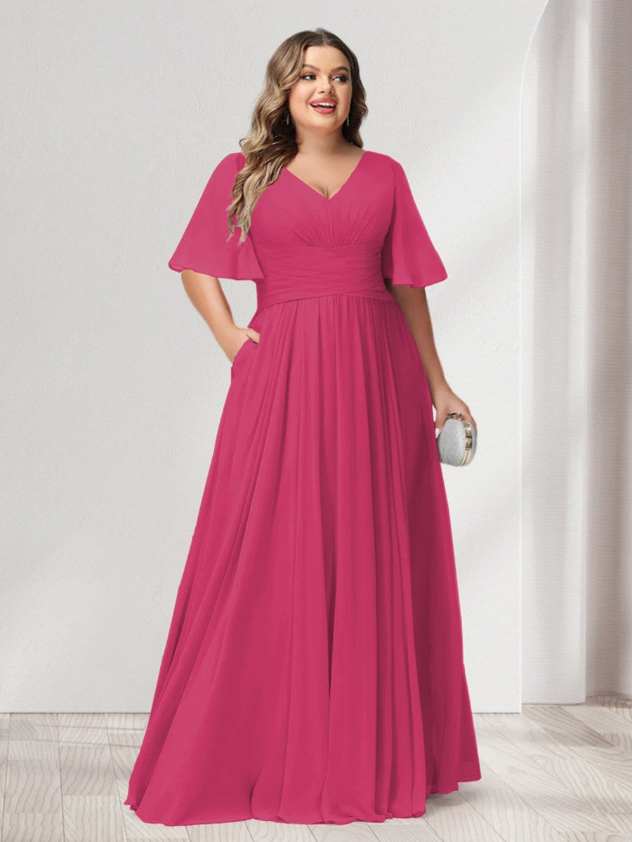 A-Line/Princess V-Neck Half Sleeves Chiffon Plus Size Bridesmaid Dresses with Pockets