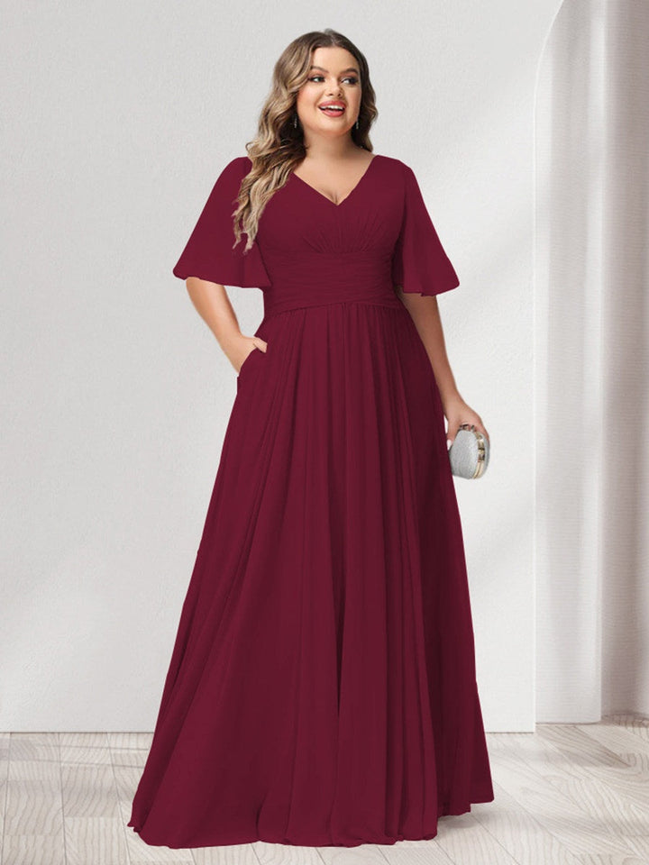 A-Line/Princess V-Neck Half Sleeves Chiffon Plus Size Bridesmaid Dresses with Pockets