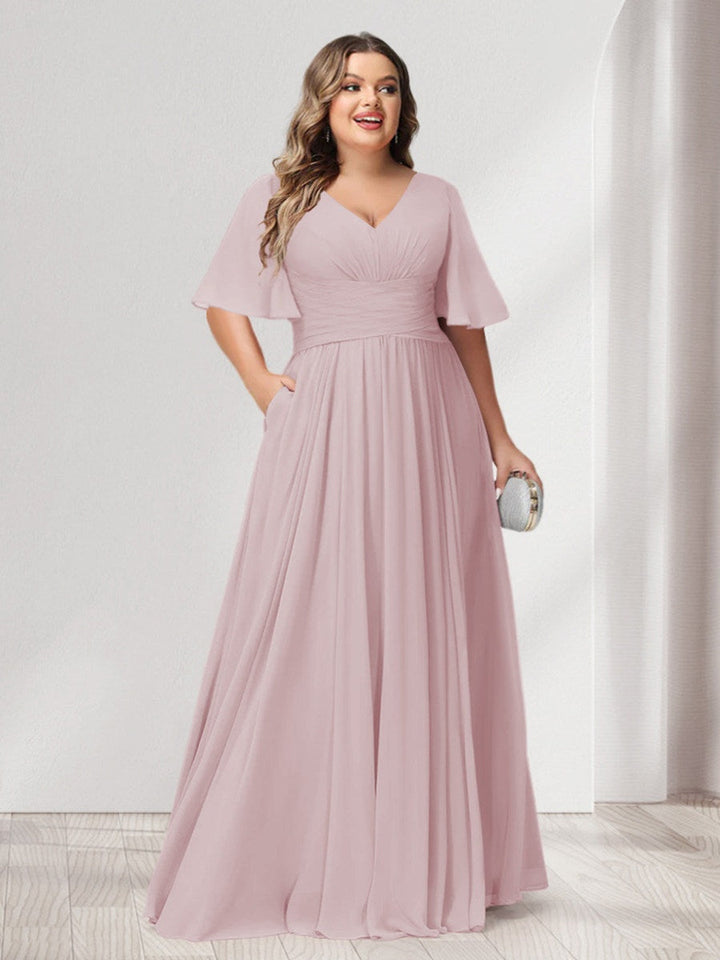 A-Line/Princess V-Neck Half Sleeves Chiffon Plus Size Bridesmaid Dresses with Pockets