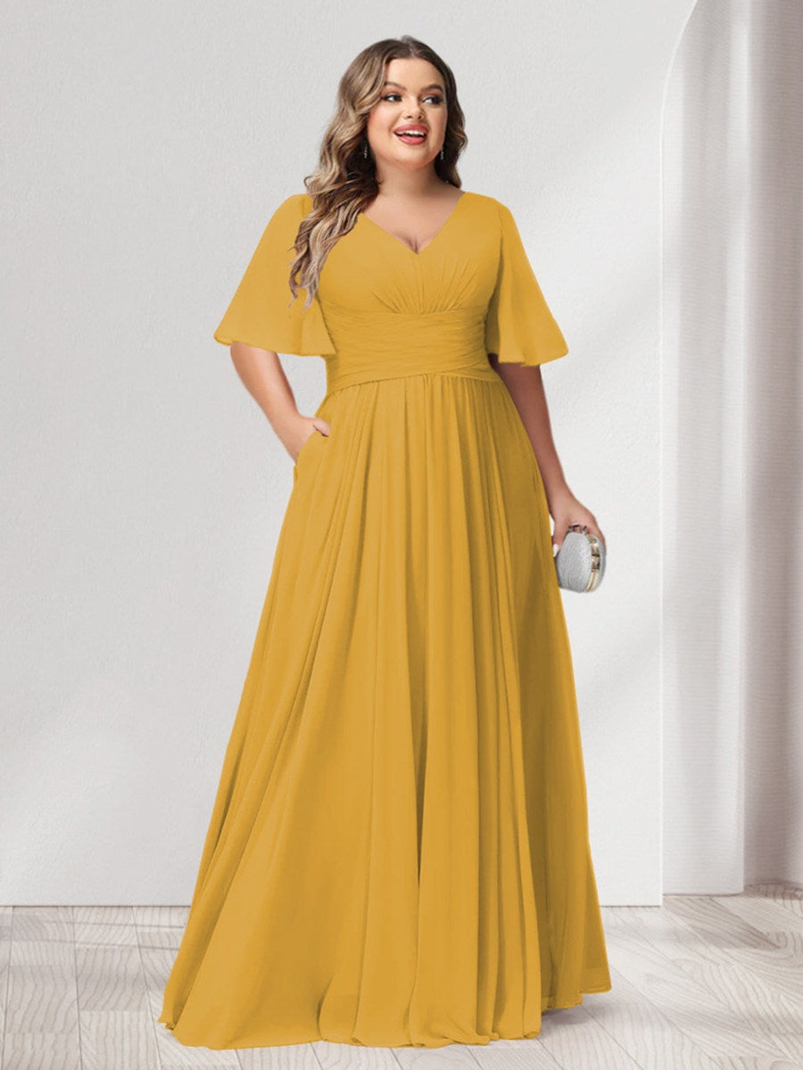 A-Line/Princess V-Neck Half Sleeves Chiffon Plus Size Bridesmaid Dresses with Pockets