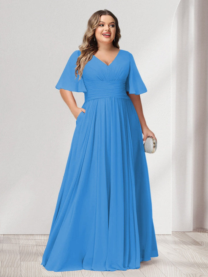 A-Line/Princess V-Neck Half Sleeves Chiffon Plus Size Bridesmaid Dresses with Pockets