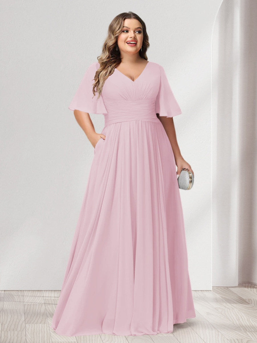 A-Line/Princess V-Neck Half Sleeves Chiffon Plus Size Bridesmaid Dresses with Pockets