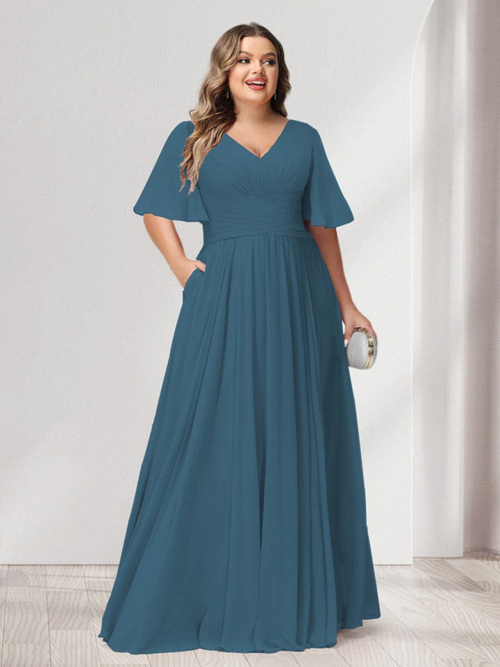 A-Line/Princess V-Neck Half Sleeves Chiffon Plus Size Bridesmaid Dresses with Pockets