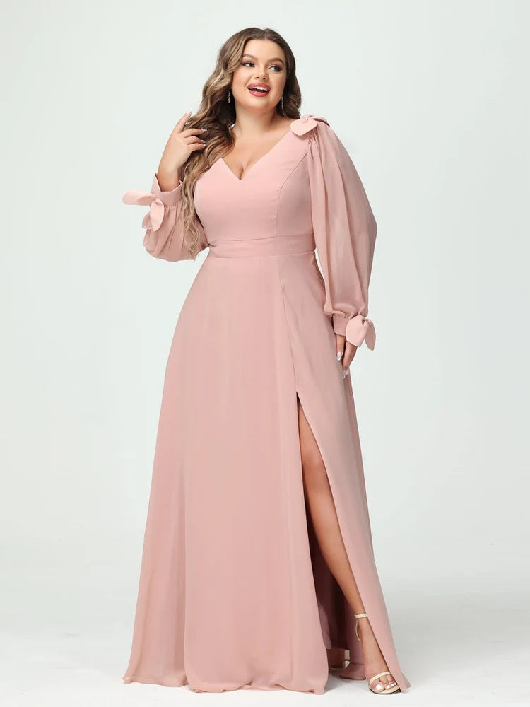 A-Line/Princess V-Neck Long Sleeves Chiffon Split Side Plus Size Bridesmaid Dresses with Pockets