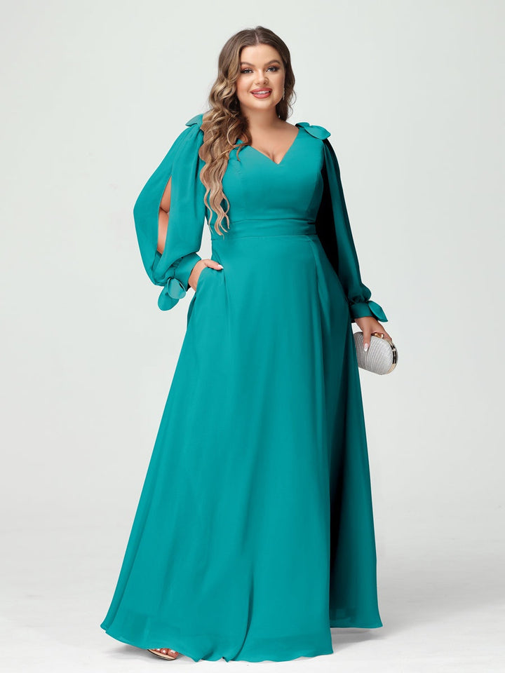 A-Line/Princess V-Neck Long Sleeves Chiffon Split Side Plus Size Bridesmaid Dresses with Pockets