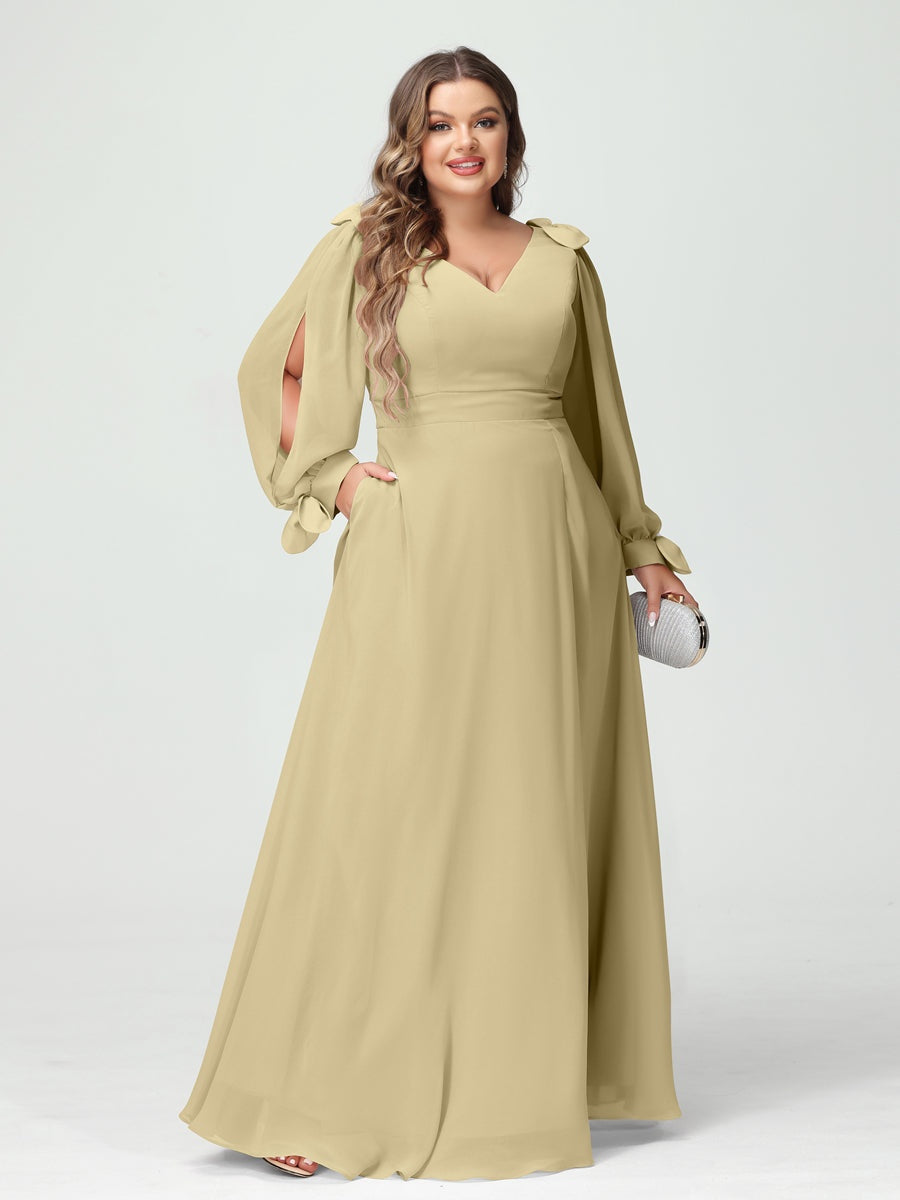 A-Line/Princess V-Neck Long Sleeves Chiffon Split Side Plus Size Bridesmaid Dresses with Pockets