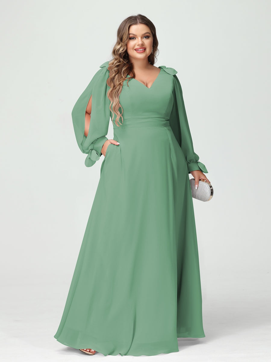 A-Line/Princess V-Neck Long Sleeves Chiffon Split Side Plus Size Bridesmaid Dresses with Pockets