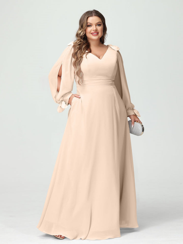 A-Line/Princess V-Neck Long Sleeves Chiffon Split Side Plus Size Bridesmaid Dresses with Pockets