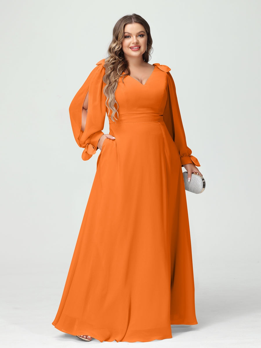 A-Line/Princess V-Neck Long Sleeves Chiffon Split Side Plus Size Bridesmaid Dresses with Pockets